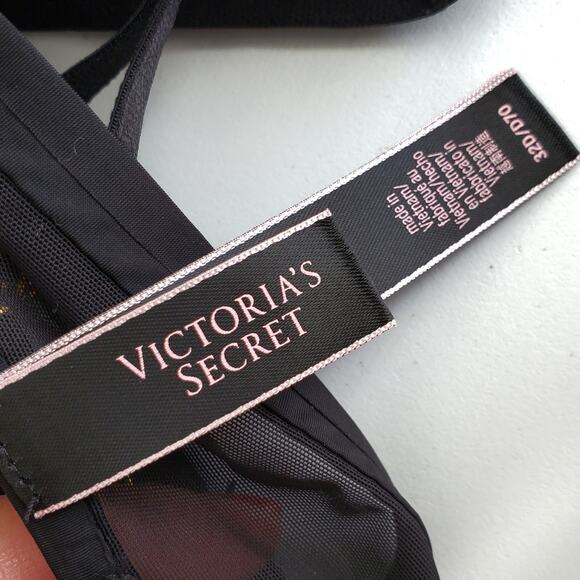 VS Victoria Secret Black Very Sexy Plunge Push Up Bra 32D Cage Crystal Strappy - Picture 9 of 12